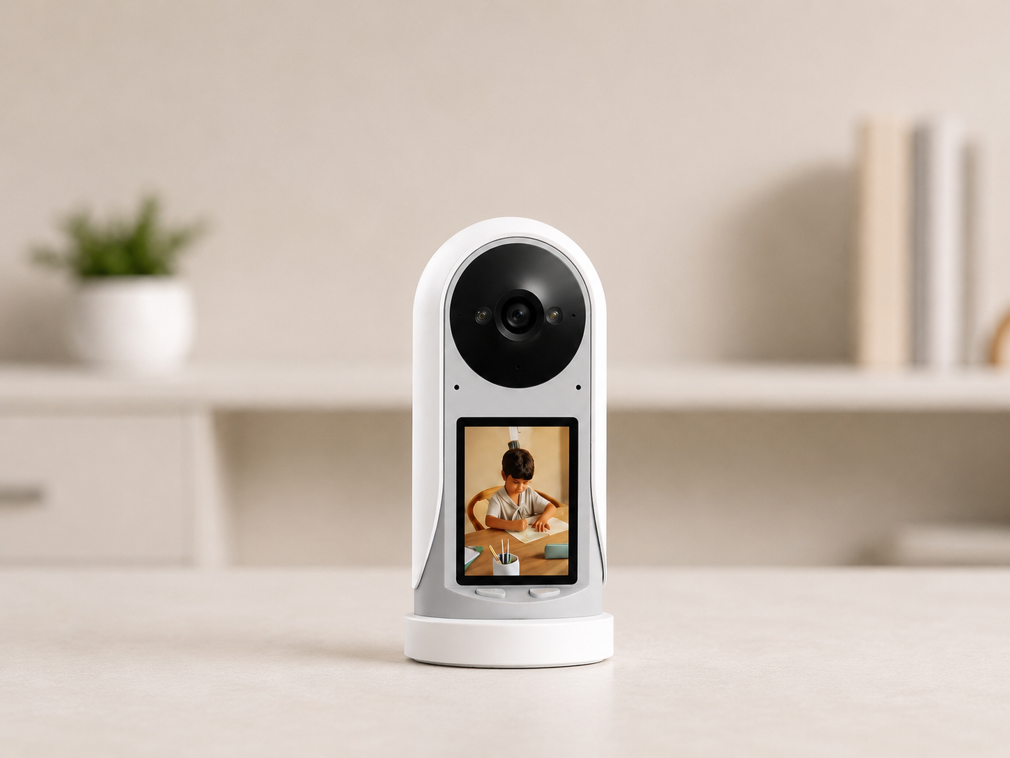 Yoosee indoor AI security camera with screen on a countertop