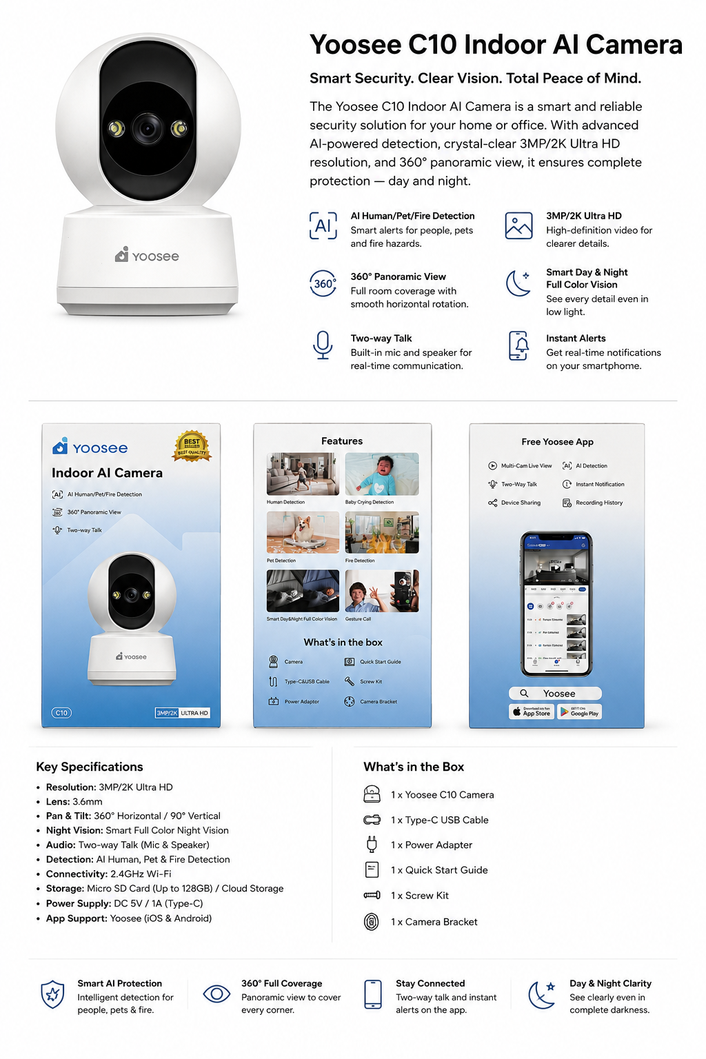 Yoosee C10 Indoor AI Camera (3MP/2K Ultra HD)