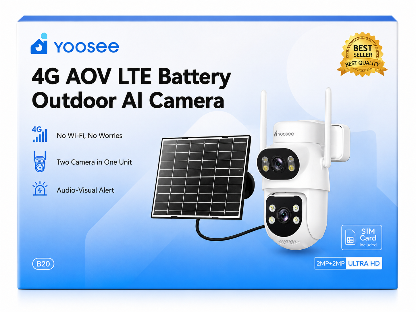 Yoosee B20 4G AOV LTE Battery Outdoor AI Camera with Solar Panel (20+ Hours Battery Backup)