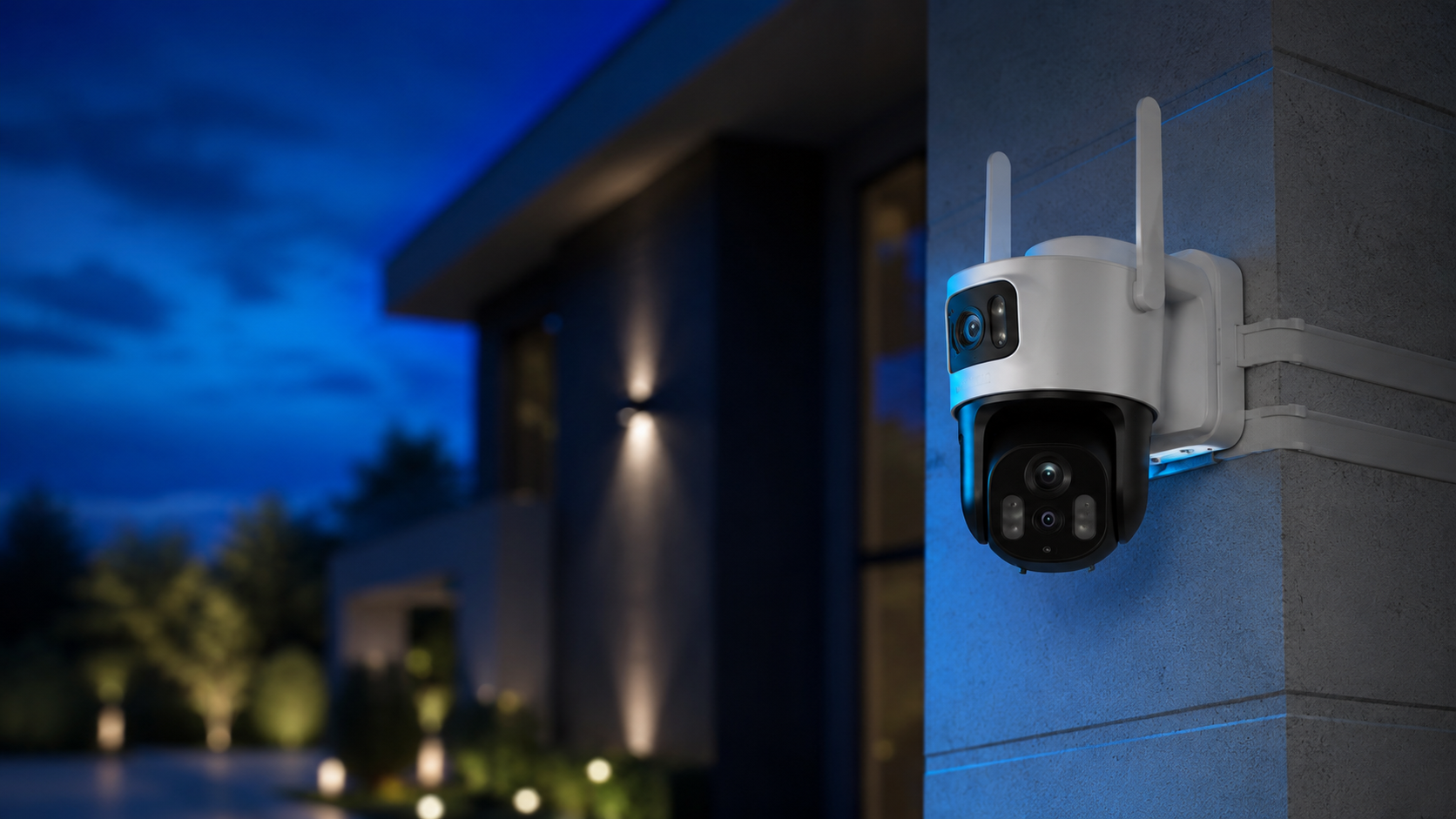 Yoosee A20 dual-lens outdoor AI security camera mounted on a modern home exterior wall at dusk
