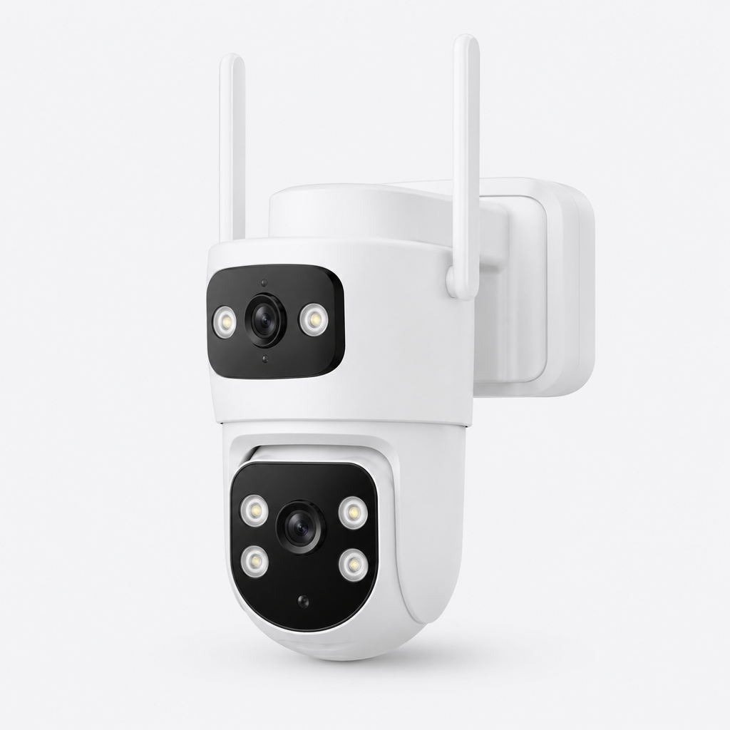 Yoosee A20 dual-lens outdoor AI security camera with twin antennas, front view