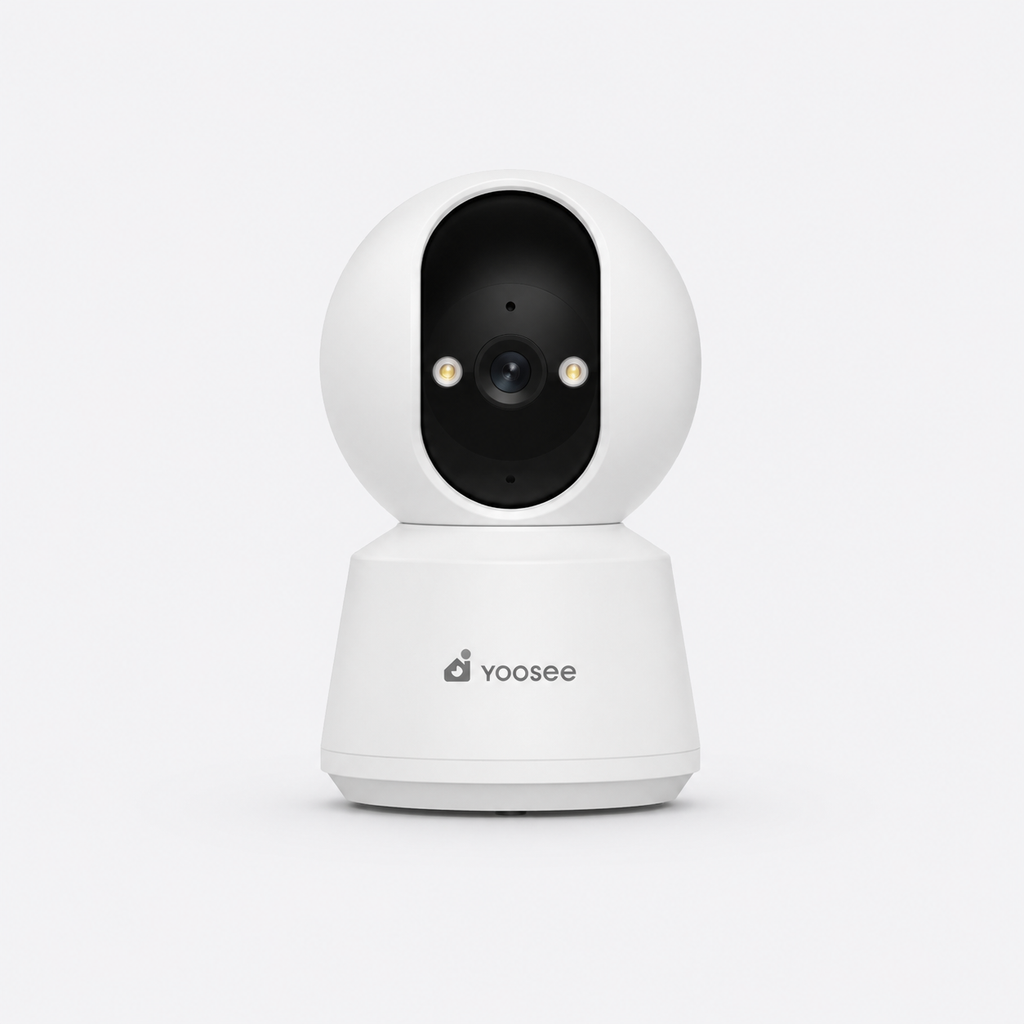 Yoosee C10 indoor AI security camera with 2K Ultra HD on a white stand, front view