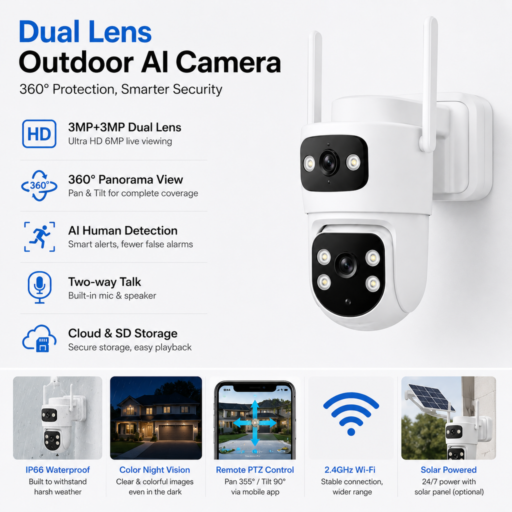 Yoosee A20 dual-lens outdoor AI security camera, angled view showing dual lenses