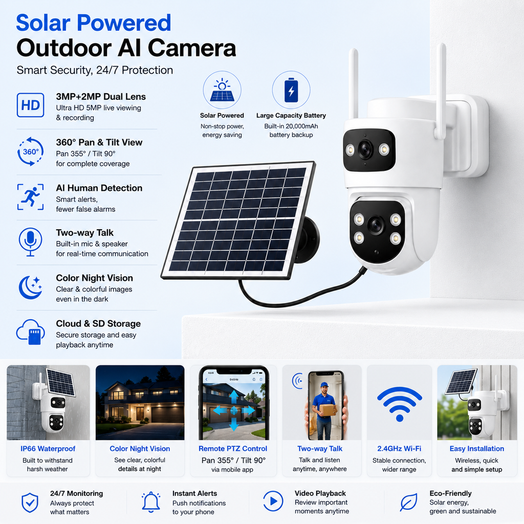 Yoosee B20 4G solar outdoor AI security camera with twin antennas, angled view