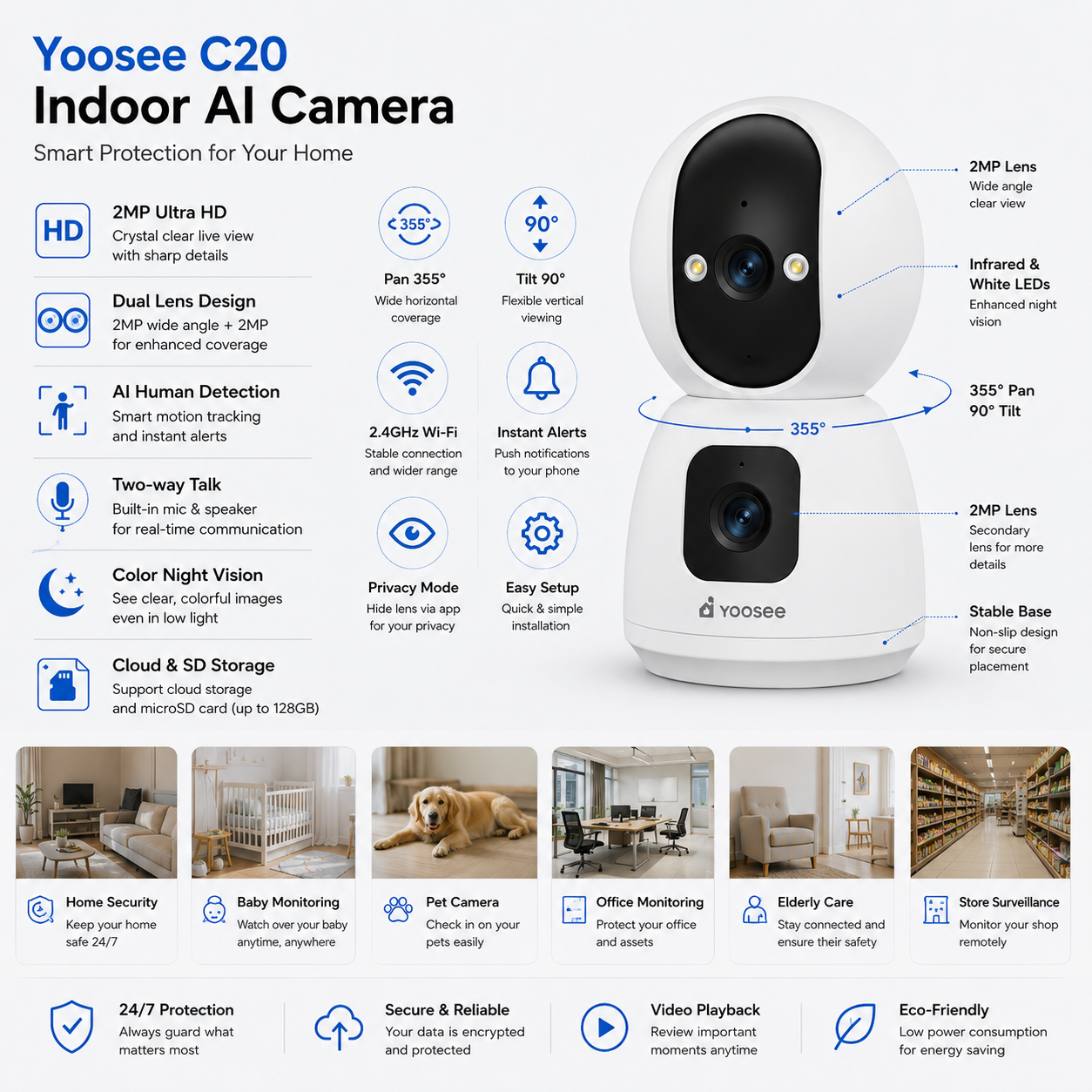 Yoosee C20 Indoor AI Camera (Dual Lens 2MP + 2MP Ultra HD)