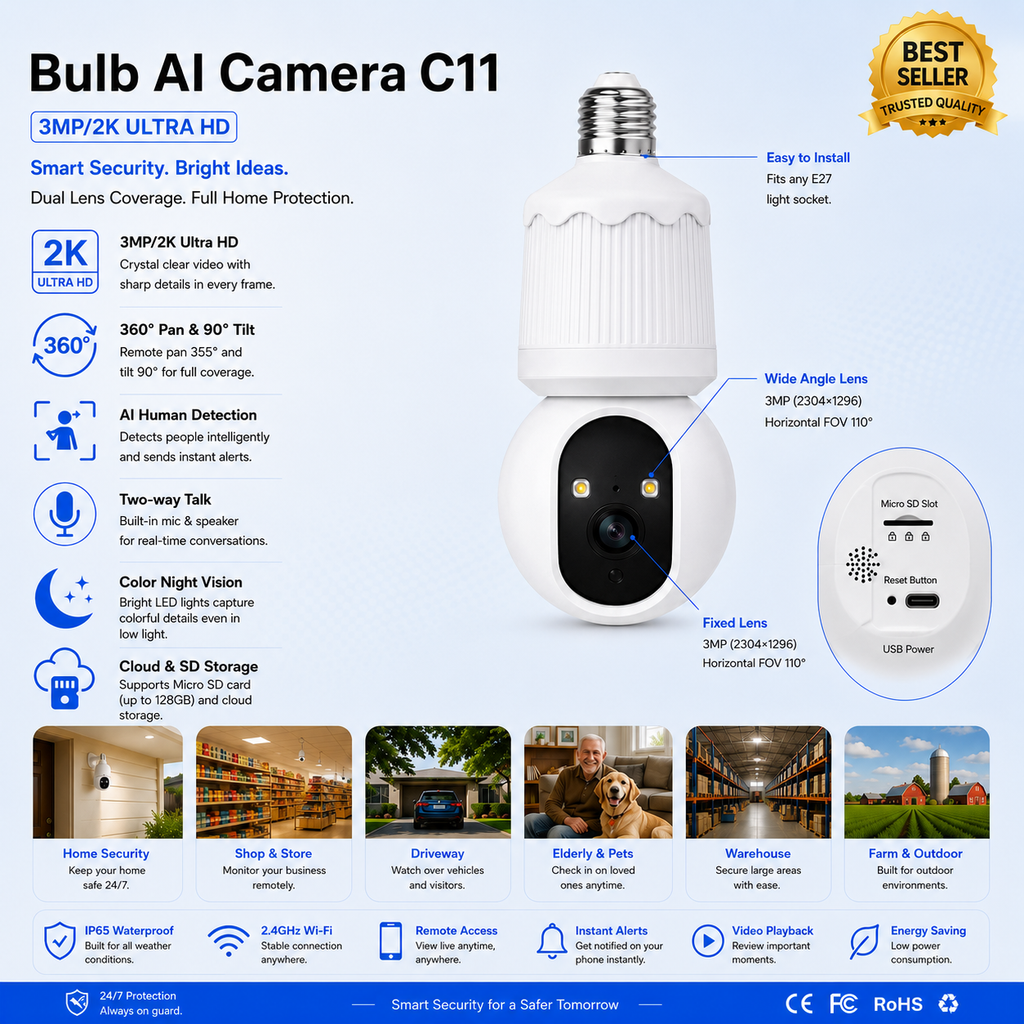 Yoosee C11 bulb AI security camera, angled view showing lens and screw base
