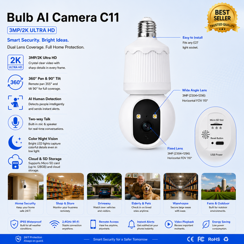 Yoosee Bulb AI Camera C11 (3MP/2K Ultra HD)