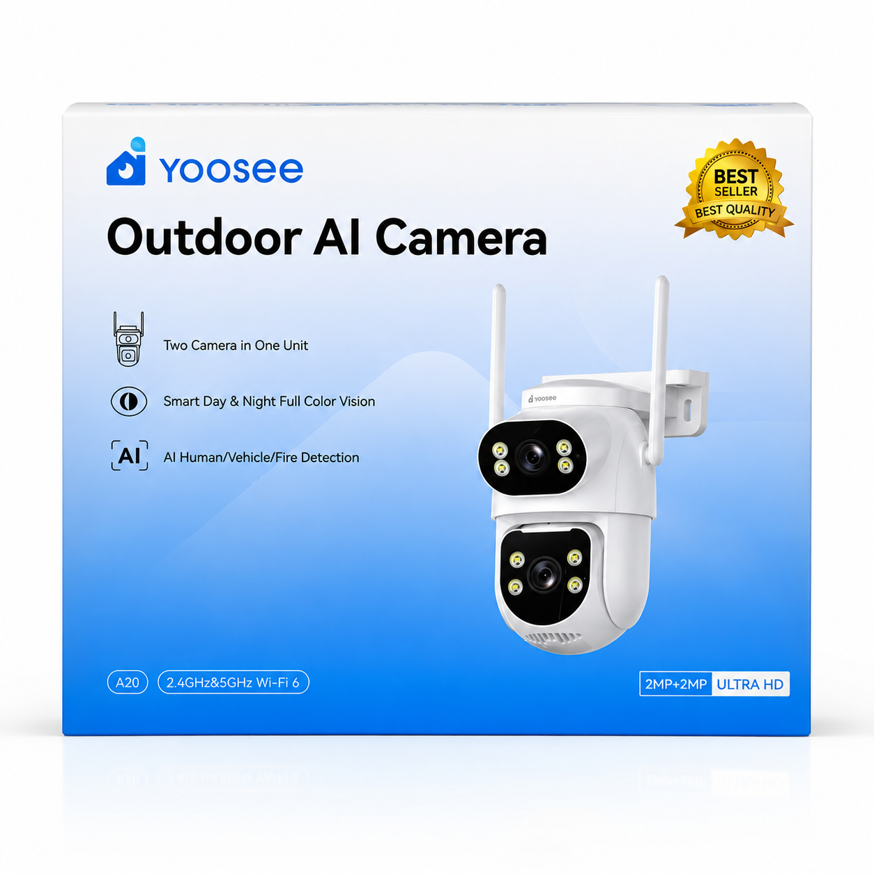 Yoosee Outdoor AI Camera A20 (Dual Lens) – 2MP + 2MP Ultra HD WiFi 6 Security Camera